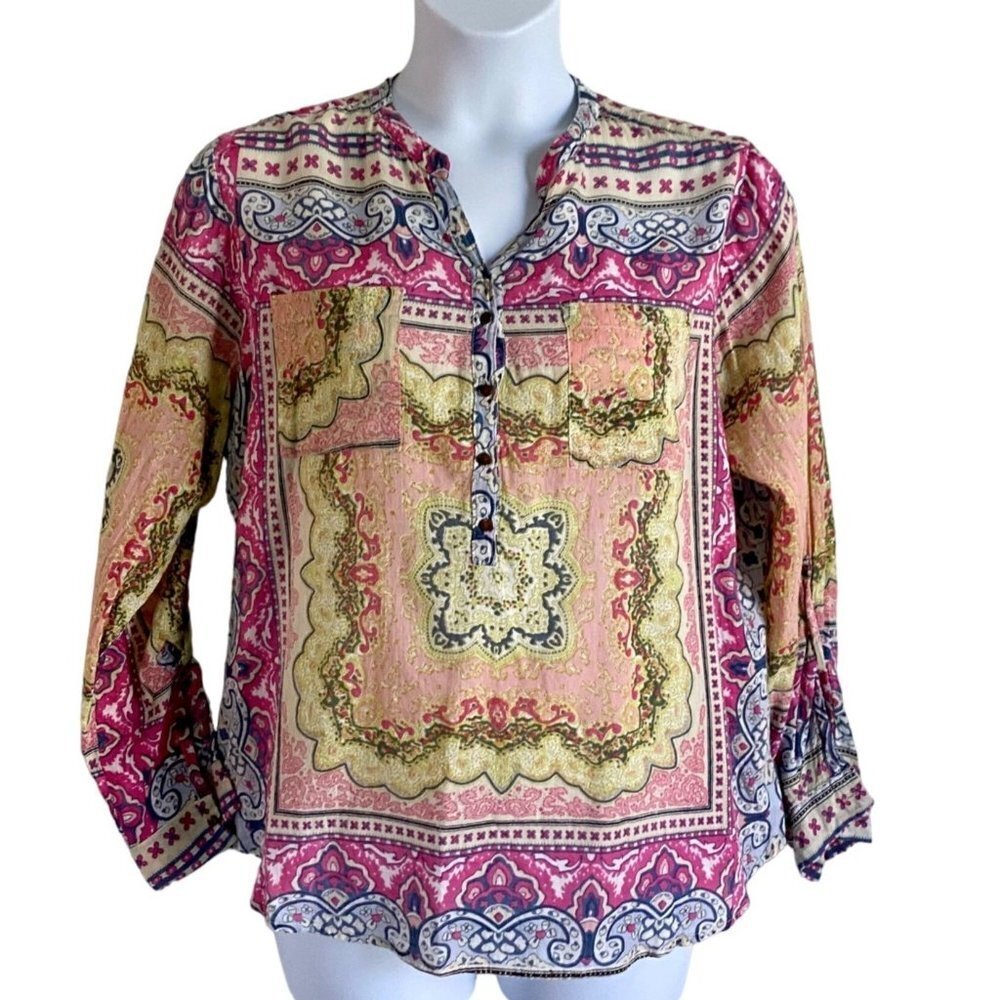 Magazine Colorful Cotton Top with Roll Up Sleeves Cotton Boho Size XL